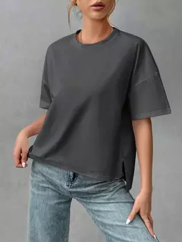 SHEIN Essnce Женская базовая футболка с коротким передом и длинной спиной, летняя, темно-серый