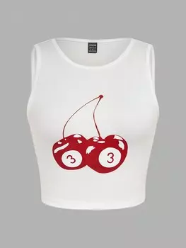 SHEIN Essnce женская летняя повседневная майка с круглым вырезом и принтом вишни, белый цвет