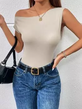 SHEIN Essnce женская весенне-летняя футболка с короткими рукавами, асимметричным вырезом в древнегреческом стиле и облегающим кроем, хаки