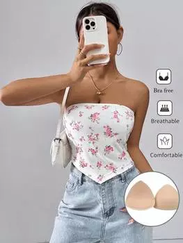SHEIN Essnce женские летние маленькие вязаные вшитые брюки с цветочным принтом Съемный топ-бюстгальтер-бандо, повседневный топ, многоцветный