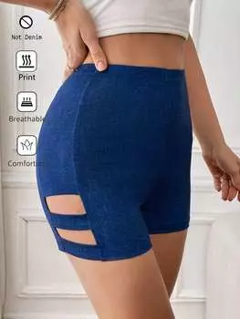 SHEIN Essnce женские летние синие имитационные джинсовые трикотажные полые короткие повседневные леггинсы с принтом, темно-синий