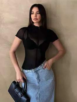 SHEIN Essnce женские топы готический топ вечерние черный ажурный топ черный прозрачный вырез с неровным подолом повседневный женский топ, черный цвет