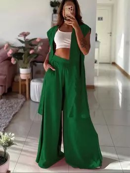 SHEIN Essnce: женский комплект из двух предметов без рукавов с открытой передней частью и широкими брюками весна-лето, зеленый