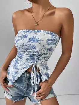 SHEIN Essnce Женский летний топ-бандо с винтажным узором, бретелями и асимметричным подолом, синий и белый