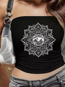 SHEIN Essnce Женский топ-бандо, узор Мандала, черный цвет
