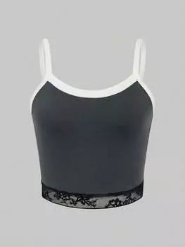 SHEIN Essnce Женский укороченный топ с кружевной отделкой и бретелями, темно-серый