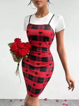 SHEIN Essnce Женское клетчатое платье-комбинация с сердечками на День святого Валентина, многоцветный