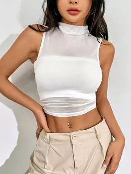 SHEIN EZwear белая укороченная майка с воротником-стойкой и плиссированными деталями, белый цвет