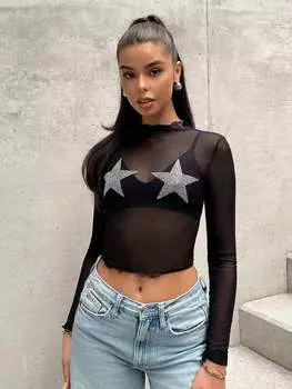 SHEIN EZwear Черные сетчатые топы с пятиконечной звездой Hot Drill для женщин с бахромой и длинными рукавами и короткими рукавами, черный цвет