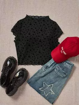 SHEIN EZwear черный сетчатый топ с бархатной наклейкой в виде звезды, черный цвет