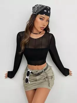 SHEIN EZwear - черный женский вязаный топ из сетки, эластичный, с длинными рукавами, черный цвет