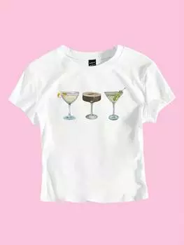 SHEIN EZwear Футболка, коктейльный принт, короткий рукав, круглый вырез, белый цвет