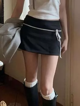 SHEIN EZwear Короткие леггинсы с прикрепленной юбкой и кулиской на талии, лето/весна, черный цвет