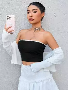 SHEIN EZwear кружевной топ без бретелек с цветочным принтом, черный цвет