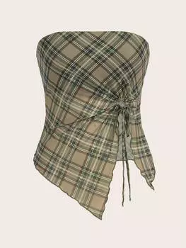 SHEIN EZwear Летний асимметричный топ-труба с узлом в клетку спереди, зеленый, многоцветный