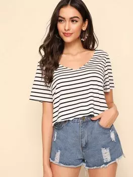 SHEIN EZwear летний топ с короткими рукавами, черный и белый