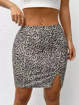 SHEIN EZwear Летняя трикотажная мини-юбка с леопардовым принтом и разрезом по краю, многоцветный
