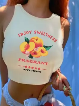 SHEIN EZwear майка персикового цвета и с буквенным принтом, простой круглый вырез, повседневный вариант, подходит летом для стройных людей, абрикосовый цвет