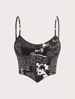 SHEIN EZwear майка с газетным принтом, черный цвет