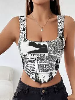SHEIN EZwear облегающая майка с газетным принтом для лета, черный и белый