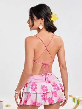 SHEIN EZwear, однобортный топ, цветочный принт, воротник-стойка, открытая спина, дизайн и завязывающийся подол, многоцветный