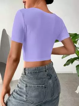 SHEIN EZwear однотонная футболка, асимметричная, с приталенным вырезом, короткими рукавами, укороченная, пастельно-фиолетовый