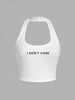 SHEIN EZwear Повседневная облегающая укороченная майка с графическим слоганом и бретелькой на шее, белый цвет