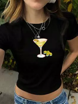 SHEIN EZwear Простая женская повседневная футболка с круглым вырезом и короткими рукавами с принтом, черный цвет