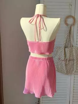 SHEIN EZwear Розовый тканый женский комплект из топа с бретелькой и шорт, розовый