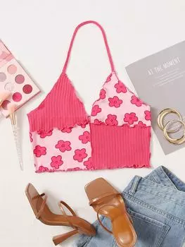 SHEIN EZwear Рубашка с воротником-бретелькой, неровные края, ромашка, розовый фуксия