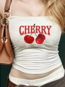 SHEIN EZwear сексуальный повседневный бюстгальтер с вишневым принтом для худых женщин, лето, белый цвет