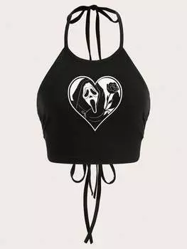 SHEIN EZwear Сексуальный топ-бандо с узором черепа и розы, женская летняя майка без рукавов, облегающий крой, черный цвет