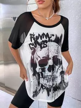 SHEIN EZwear топ с черепом и буквами, рукава реглан, черный и белый