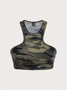 SHEIN EZwear Укороченная женская сексуальная майка с камуфляжным принтом, летняя, облегающего кроя, темно-зеленый