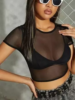 SHEIN EZwear укороченный сетчатый топ, однотонный, бюстгальтер в комплект не входит, черный цвет