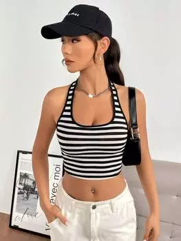 SHEIN EZwear укороченный топ в полоску с воротником-хомутом, черный и белый