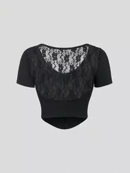 SHEIN EZwear женская футболка, однотонная, с кружевной отделкой и изогнутым краем, черный цвет