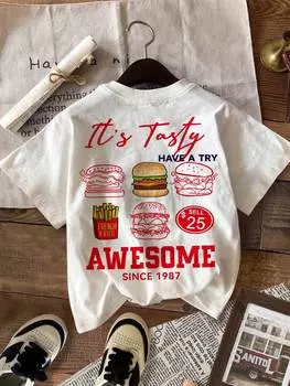 SHEIN EZwear женская футболка оверсайз с принтом гамбургера, повседневная, с круглым вырезом, подходит для лета, белый цвет