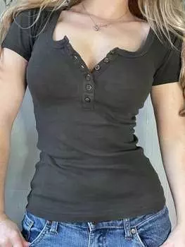 SHEIN EZwear женская футболка, приталенные пуговицы, темно-серый