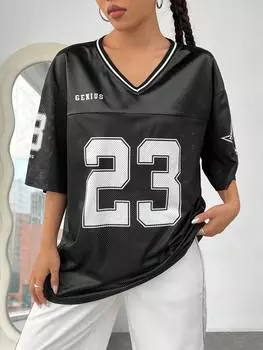 SHEIN EZwear женская футболка, узор в виде букв, сетка, прошитый узор, заниженная линия плеча, черный цвет