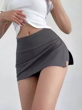 SHEIN EZwear женская летняя однотонная мини-юбка с высокой талией и боковым разрезом, серый