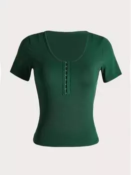 SHEIN EZwear Женская летняя повседневная футболка с круглым вырезом и коротким рукавом, темно-зеленый