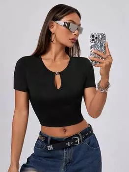 SHEIN EZwear Женская летняя повседневная однотонная приталенная футболка с короткими рукавами и вырезами, черный цвет