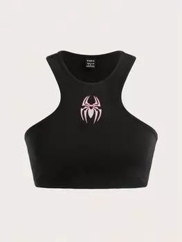 SHEIN EZwear - женская летняя укороченная майка с узором паука, черный цвет