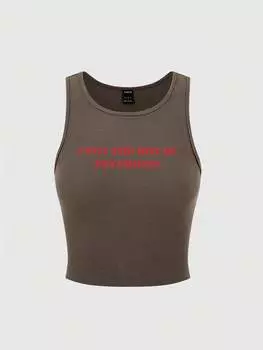 SHEIN EZwear женская майка, узор с надписью, ткань в рубчик, кофейно-коричневый