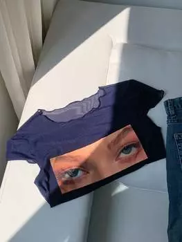 SHEIN EZwear Женская мода Летний синий сетчатый топ с принтом, темно-синий