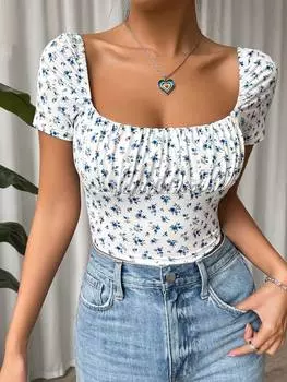 SHEIN EZwear Женская модная футболка с квадратным вырезом и коротким рукавом с цветочным принтом, белый цвет