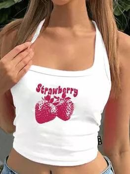 SHEIN EZwear, женская повседневная облегающая майка с принтом клубники, идеально подходит для лета, белый цвет
