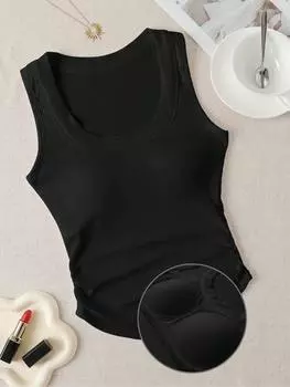 SHEIN EZwear Женская повседневная однотонная летняя майка с мягкой подкладкой, черный цвет