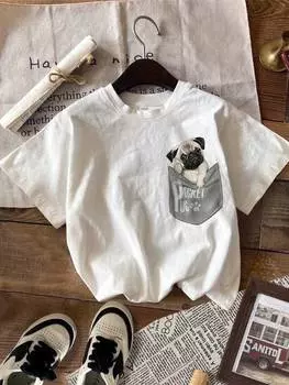 SHEIN EZwear Женская свободная футболка с карманом и принтом собаки Летняя повседневная футболка с круглым вырезом и короткими рукавами, белый цвет